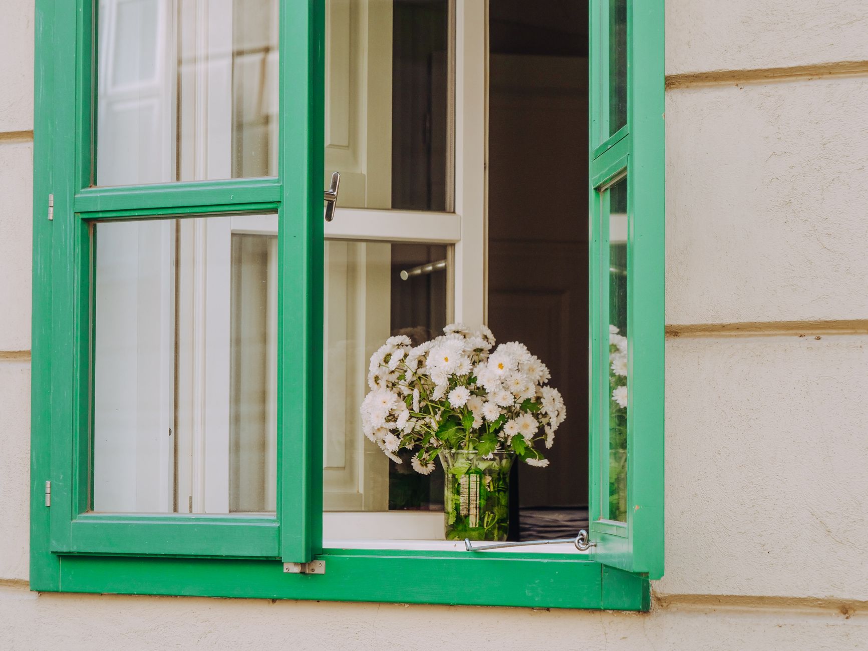 Fliegengitter am Fenster anbringen – offenes Fenster mit Blumen