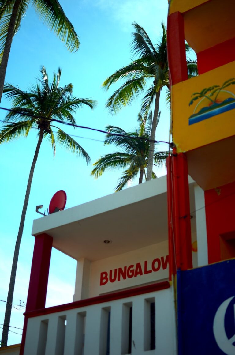 A building with a bunch of palm trees in the background