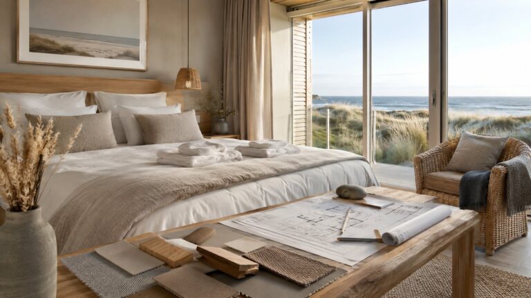 Schlüsselfertige Ferienimmobilie: Schlafzimmer mit Meerblick, Bauplänen und Materialmustern