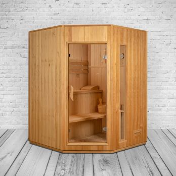 Sauna kaufen &ndash; Ecksauna aus Massivholz mit Glast&uuml;r