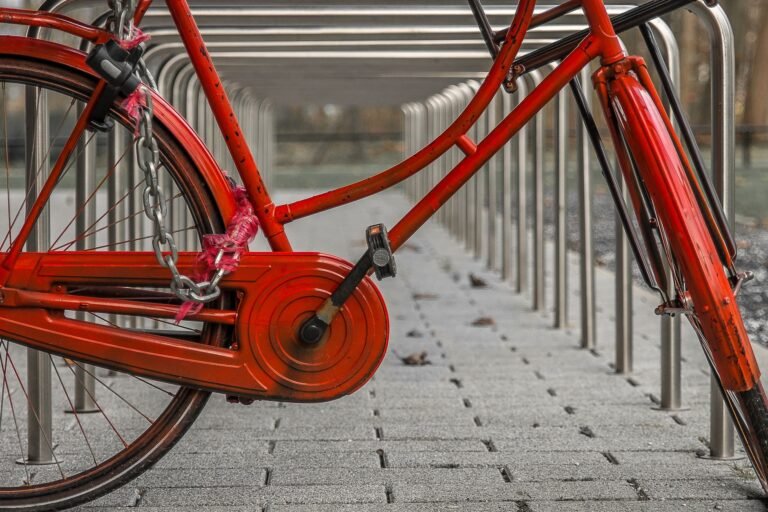 Fahrräder besser vor Diebstahl schützen – das sind bewährte Methoden und Tipps Fahrräder vor Diebstahl schützen – rotes Fahrrad mit Kettenschloss im Fahrradständer